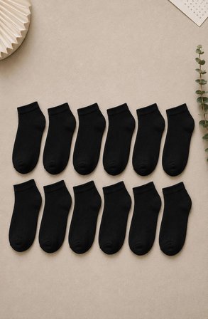 12 Çift Siyah Patik Unisex Çorap | Pamuklu, Nefes Alan, Terletmeyen