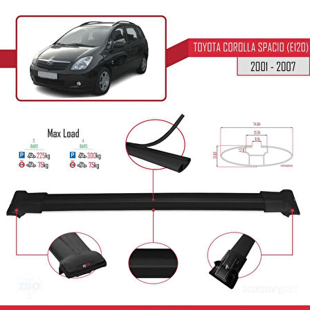 Toyota Corolla Spacio 2 (E120) 2001-2007 Arası ile Uyumlu FLY Model Ara Atkı Tavan Barı Siyah 3 Adet