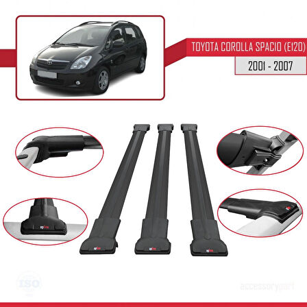 Toyota Corolla Spacio 2 (E120) 2001-2007 Arası ile Uyumlu FLY Model Ara Atkı Tavan Barı Siyah 3 Adet