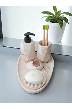 5'lİ Mermer Desenli Beton Banyo Seti , Sıvı Sabunluk Diş Fırçalığı Aksesuar