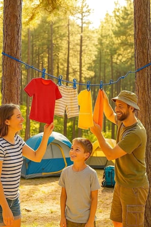 Portatif Seyahat Çamaşır İpi, 12 Adet Sabit Mandallı Lastikli Esnek Tasarım, Kolay Kurulum için Metal Kancalı, Kamp, Balkon, Otel, Yurt ve Ev İçi Kullanıma Uygun Pratik Çamaşır Asma Askısı