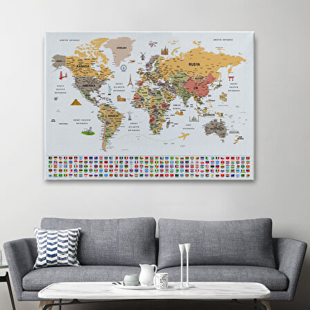 Harita Sepeti Türkçe Dünya Haritası Ayrıntılı Eğitici Sembollü Bayraklı Dekoratif Kanvas Tablo 2854