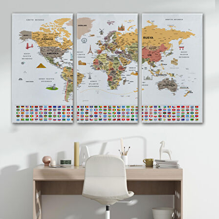 Harita Sepeti Türkçe Dünya Haritası Ayrıntılı Eğitici Sembollü Bayraklı Dekoratif Kanvas Tablo 2854