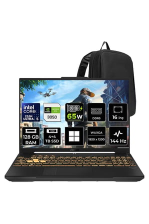 TUF Gaming F16 Intel Core 5 210H RTX 3050 6GB 65W 128GB RAM 4TB + 4TB SSD 16" WUXGA (1920x1200) 144Hz IPS Win11 Pro FX607VJBRL037P480 Gaming Laptop + PER4 Çanta