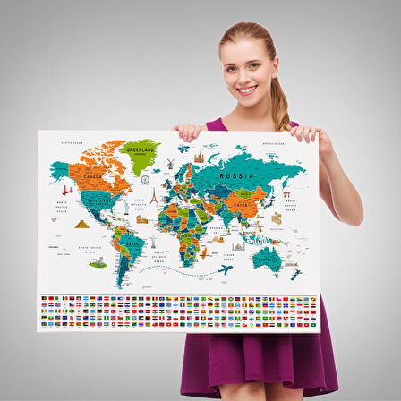 Harita Sepeti Dünya Haritası Ayrıntılı Eğitici Sembollü Bayraklı Dekoratif Kanvas Tablo 2855