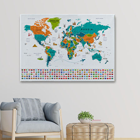 Harita Sepeti Dünya Haritası Ayrıntılı Eğitici Sembollü Bayraklı Dekoratif Kanvas Tablo 2855