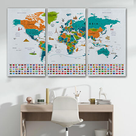 Harita Sepeti Dünya Haritası Ayrıntılı Eğitici Sembollü Bayraklı Dekoratif Kanvas Tablo 2855