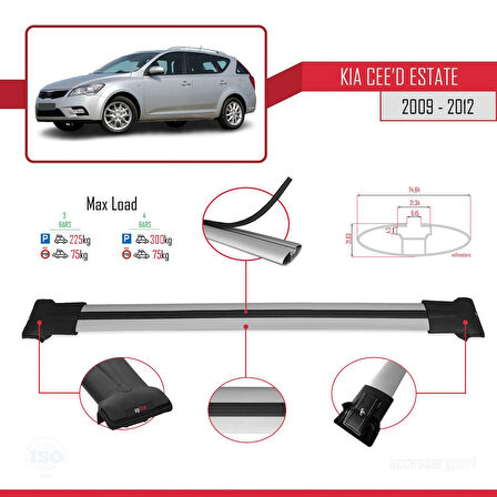 Kia Ceed (ED) SW Post-Facelift 2009-2012 Arası ile Uyumlu FLY Model Ara Atkı Tavan Barı Gri 3 Adet