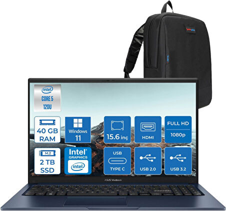 Asus Vivobook X1504VA 15 1.nesil Core 5 120U-40GB-2TB SSD Fhd 15.6INC-Windows 11 Home Taşınabilir Bilgisayar ZNJ2861H14+ZETTAÇANTA