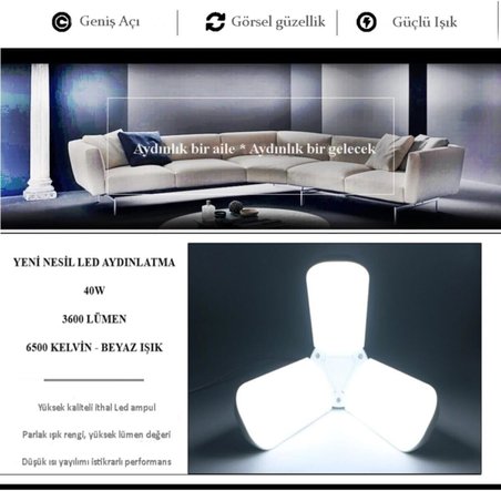 Pervane Led Ampul 3 Kollu Katlanabilir Cata 42w 6400k Beyaz Işık Yaprak Led Ampul