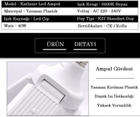 Pervane Led Ampul 3 Kollu Katlanabilir Cata 42w 6400k Beyaz Işık Yaprak Led Ampul