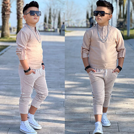 MODAVALS HAKİM YAKA KOL KATLAMALI BADİ & BELİ LASTİKLİ BAĞCIKLI CEPLİ ÇİZGİLİ PANTOLON & ZİNCİR AKSESUAR 3 PARÇA ERKEK ÇOCUK KETEN ALT ÜST TAKIM