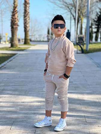 MODAVALS HAKİM YAKA KOL KATLAMALI BADİ & BELİ LASTİKLİ BAĞCIKLI CEPLİ ÇİZGİLİ PANTOLON & ZİNCİR AKSESUAR 3 PARÇA ERKEK ÇOCUK KETEN ALT ÜST TAKIM