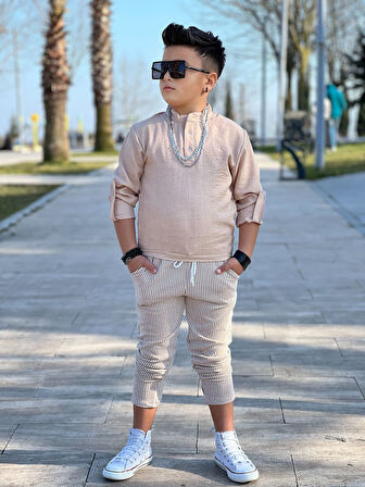 MODAVALS HAKİM YAKA KOL KATLAMALI BADİ & BELİ LASTİKLİ BAĞCIKLI CEPLİ ÇİZGİLİ PANTOLON & ZİNCİR AKSESUAR 3 PARÇA ERKEK ÇOCUK KETEN ALT ÜST TAKIM