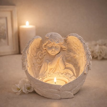Melek Figürlü Tealight Mumluk, Taş Döküm, 13x15 cm, Dekoratif Dilek Tutan Melek, Anma ve Hediye Dekoru için