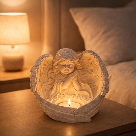 Melek Figürlü Tealight Mumluk, Taş Döküm, 13x15 cm, Dekoratif Dilek Tutan Melek, Anma ve Hediye Dekoru için