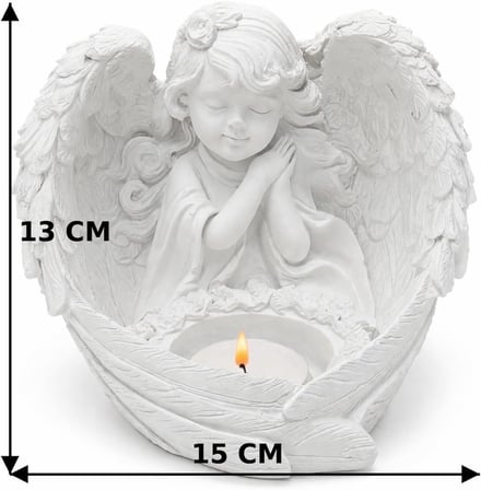 Melek Figürlü Tealight Mumluk, Taş Döküm, 13x15 cm, Dekoratif Dilek Tutan Melek, Anma ve Hediye Dekoru için