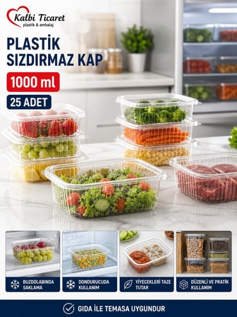 Plastik Saklama Kabı 1000 gr 25 Adet Plastik Kapaklı Kase Sızdırmaz Kap Şeffaf Kullan At Kase