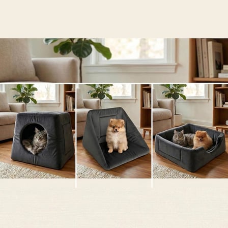 3in1 Kedi Köpek Yatağı ve Oyujn Evi - ÜÇ Fonksiyonlu Kedi ve Küçük Irk Köpekler İçin Yatak-Minder-Yuva - 50 x 50 cm