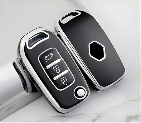 AutoHan Keys Megane 4 Joy, Clio 5, Captur, Taliant Express İçin 3 Butonlu Nano Anahtar Kılıfı, Siyah-Gümüş