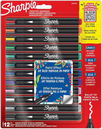 SHARPIE Creative Marker Akrilik Boya Kalemleri | Yuvarlak Uçlu Su Bazlı Boya Kalemi | Mürekkep Kağıda Geçirmez ve Çoğu Yüzey Üzerine Yazar | 12 Adet