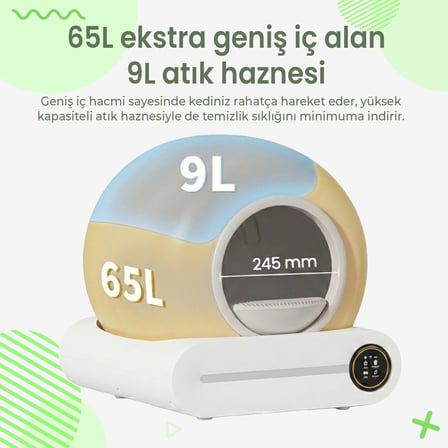 BF01 Akıllı Otomatik Kedi Tuvaleti, Uzaktan Kontrol, 65lt Hazne, 9lt Çöp haznesi-UV Kötü Koku Temizleme, Ağırlık sensörlü Beyaz + 45 Adet Çöp Torbası, Beyaz