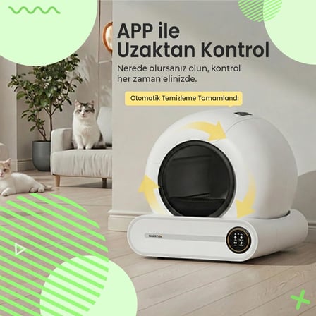 BF01 Akıllı Otomatik Kedi Tuvaleti, Uzaktan Kontrol, 65lt Hazne, 9lt Çöp haznesi-UV Kötü Koku Temizleme, Ağırlık sensörlü Beyaz + 45 Adet Çöp Torbası, Beyaz