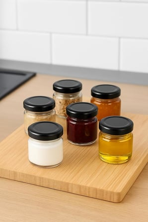 6 Adet 40 ml Siyah Metal Kapaklı Şeffaf Numune Mama Ek Gıda Şekerleme Reçellik Küçük Cam Kavanoz