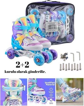 Deniz Kızı Işıklı Paten Kız Çocuk Pateni Silikon Teker,Taşıma Çantalı