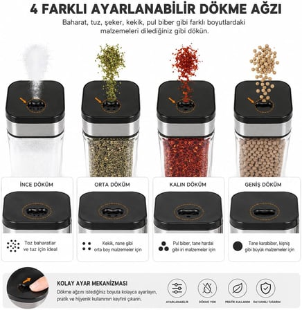 4’lü Standlı Cam Baharatlık Seti – Ayarlanabilir Dökme Ağızlı, Paslanmaz Çelik Detaylı, Taşıma Standlı Mutfak Baharat Düzenleyici