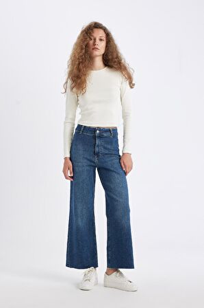DeFacto Culotte Yüksek Bel Kısa Geniş Paça Jean Yıkamalı Pantolon D4327AX24AUNM34