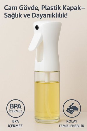 Cam Yağ Sprey Şişesi – 200ml Püskürtmeli Yağdanlık, Cam Gövde, Airfryer, Fırın ve Diyet Yemekler İçin Yağ Püskürtücü Şişe