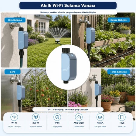WiFi Akış Ölçerli Akıllı Su Vanası (Tuya, Smart Life Uyumlu)