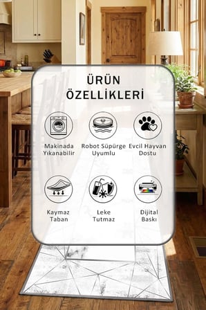 Poligon Benekli Gri Modern Mutfak Halısı Yıkanabilir Kaymaz Su İtici