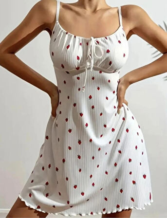 Kadın Çilek Desenli Pijama Elbise Gecelik+Tanga Hediyeli