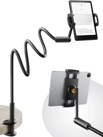 SAIJI 47 inç Gooseneck Kindle Tutucu, Yükseltilmiş Tabanlı Yatak için Tablet Tutucu, Esnek Tembel Kollu iPad Standı, iPad mini Pro Air, Kindle, Galaxy veya Diğer 4,7-11 inç Cihazlarla Uyumlu (Siyah)