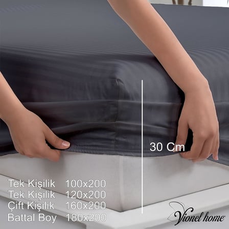 %100 Pamuk, Çizgili Saten Lastikli Çarşaf Seti | 82 Tel Sık Dokuma | Tek Kişilik | Çift Kişilik | Battal Boy (Antrasit, 120x200)