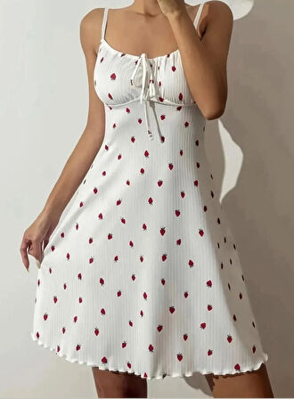 Kadın Çilek Desenli Pijama Elbise Gecelik+Tanga Hediyeli