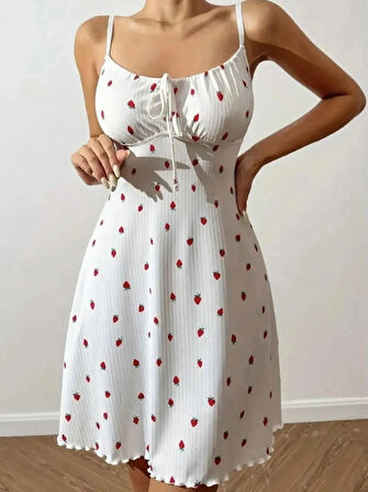 Kadın Çilek Desenli Pijama Elbise Gecelik+Tanga Hediyeli
