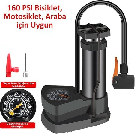 Smartizi Basınç Göstergeli Ayak Pompası - Araba, Bisiklet ve Motosiklet İçin Yüksek Basınçlı Portatif Lastik Şişirici - Top ve Yatak Uyumlu Çok Başlıklı Hava Pompası (Saatli Model)