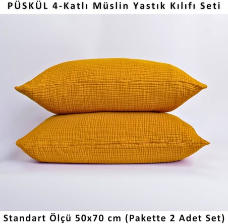 PÜSKÜL 2-Adet Müslin Yastık Kılıfı Seti 4-Katlı, 100% Pamuk Ultra Yumuşak Müslin Kumaş Yastık Kılıfları, Havadar Nem Emici Terletmeyen Yastık Kılıfı (Hardal, 50x70 cm 2'li Yastık Kılıfı Seti)