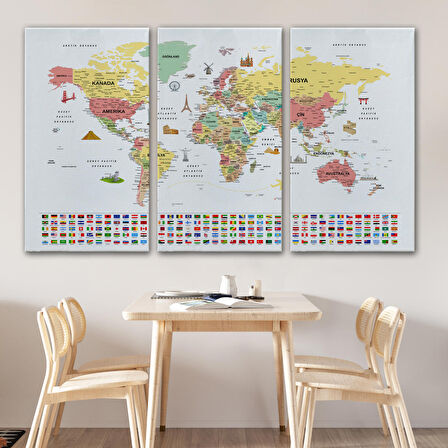 Harita Sepeti Türkçe Dünya Haritası Ayrıntılı Eğitici Sembollü Bayraklı Dekoratif Kanvas Tablo 2864