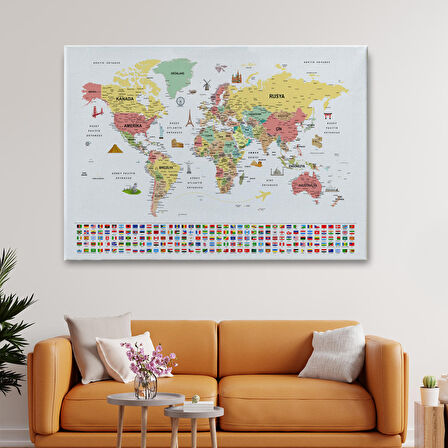 Harita Sepeti Türkçe Dünya Haritası Ayrıntılı Eğitici Sembollü Bayraklı Dekoratif Kanvas Tablo 2864