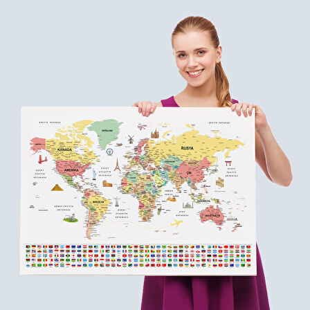 Harita Sepeti Türkçe Dünya Haritası Ayrıntılı Eğitici Sembollü Bayraklı Dekoratif Kanvas Tablo 2864