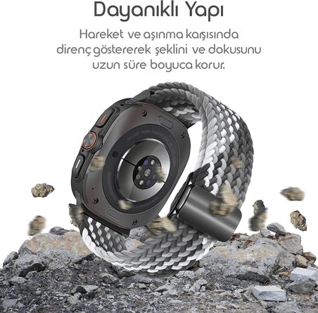 Samsung Galaxy Watch Ultra 47mm ile Uyumlu Örgü Solo Loop Kumaş Kordon Manyetik Tokalı Terleme Yapmayan Nefes Alabilen Hafif Yapılı Bilek Ölçüsüne Göre Ayarlanabilen Elastik Kayış