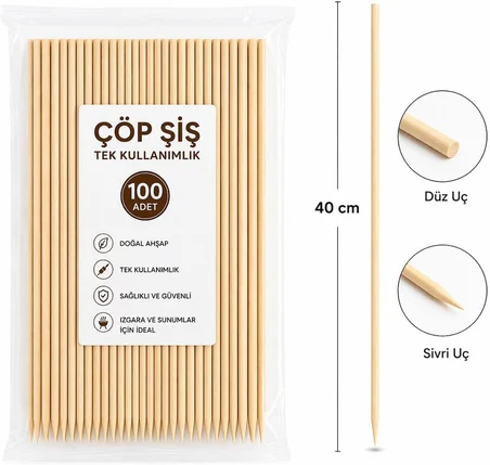 100 Adet 40 cm Çöp Şiş Ahşap Tek Kullanımlık Mangal Şişi Uzun Çöp Şiş Barbekü Izgara Fırın Uyumlu Marshmallow Şiş Çubuk
