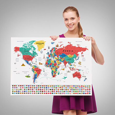 Harita Sepeti Dünya Haritası Ayrıntılı Eğitici Sembollü Bayraklı Dekoratif Kanvas Tablo 2865