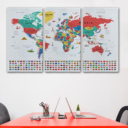 Harita Sepeti Dünya Haritası Ayrıntılı Eğitici Sembollü Bayraklı Dekoratif Kanvas Tablo 2865