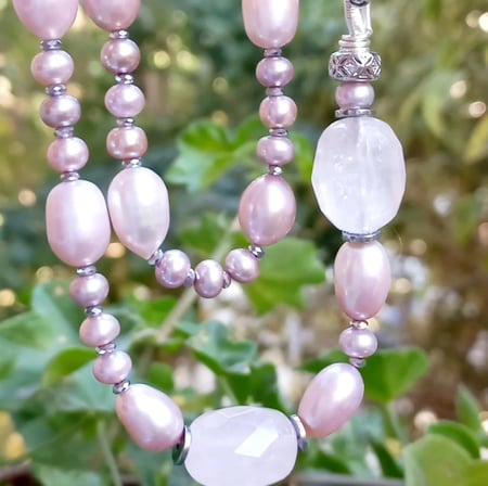  2865 Doğal pembe İnci Kuvars Zirkon Hematit el yapımı uzun kolye