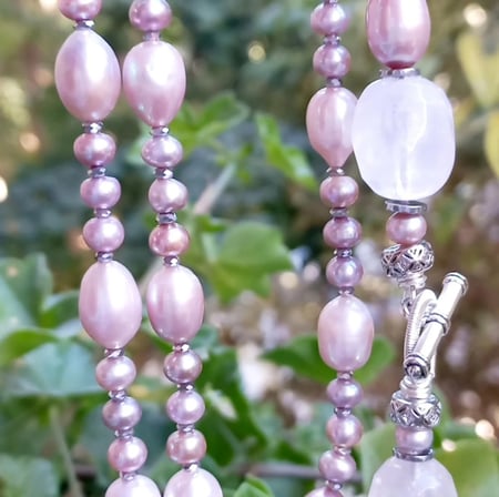  2865 Doğal pembe İnci Kuvars Zirkon Hematit el yapımı uzun kolye